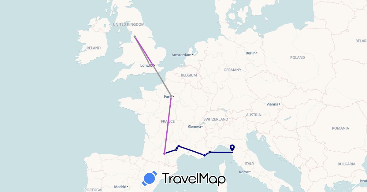 TravelMap itinerary: driving, plane, train in France, United Kingdom, Italy, Monaco (Europe)